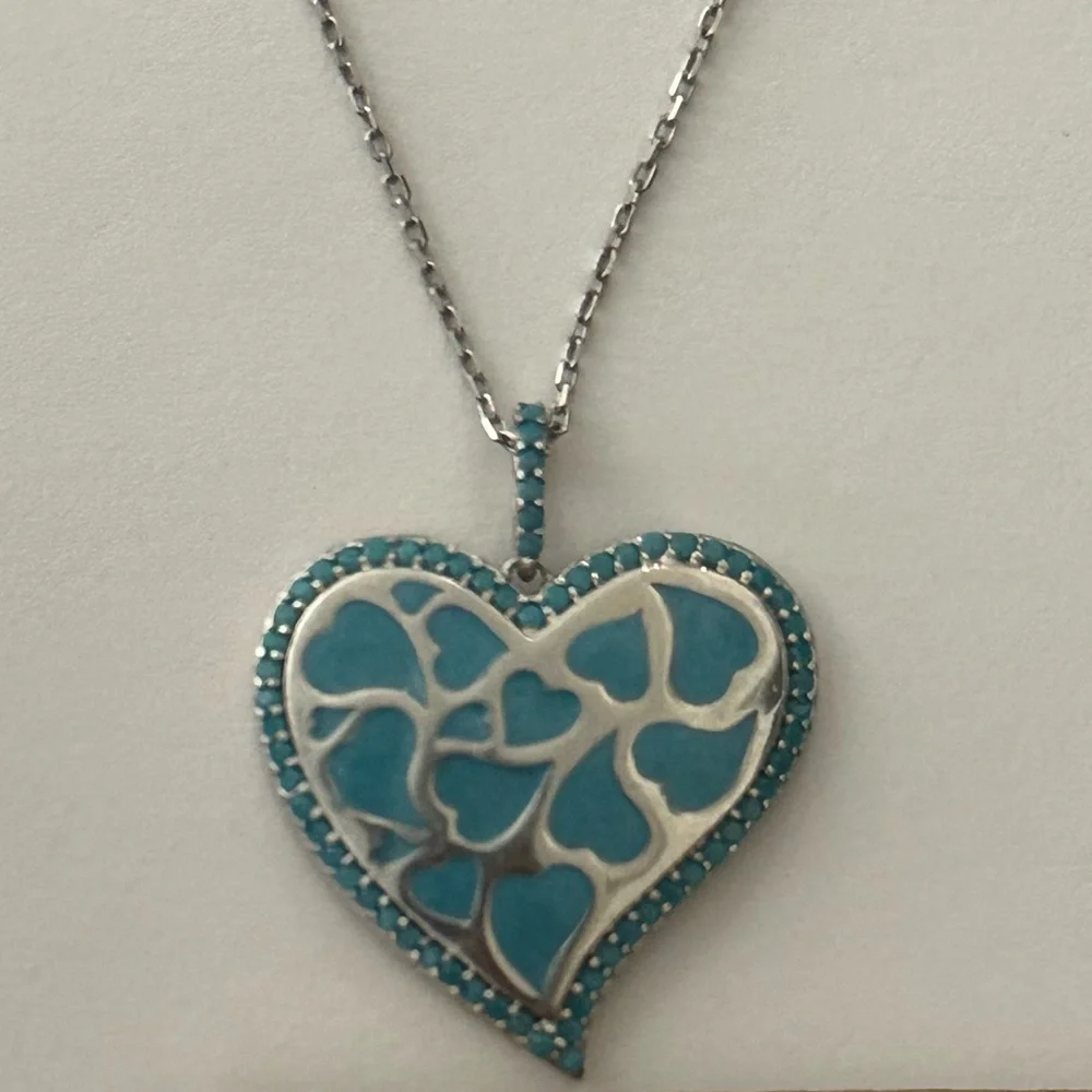 925 Silver hearts in a heart enamel turquoise necklace